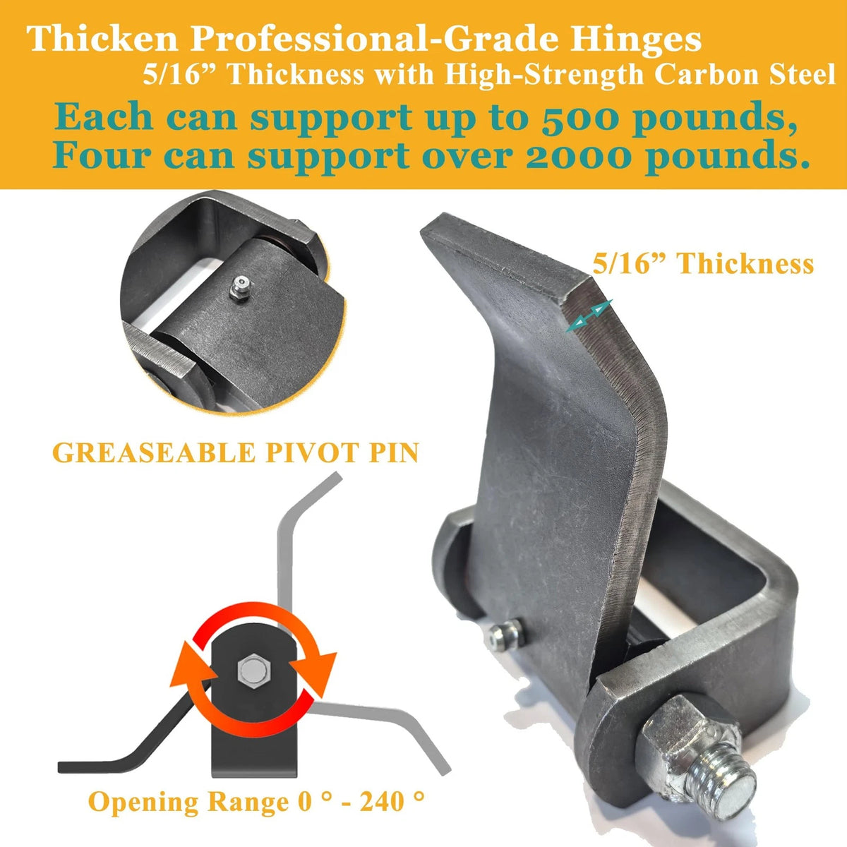 Weld on Trailer Hinges for Dump Trailers, Truck 5-3/8" x 4" Large Size, Black
