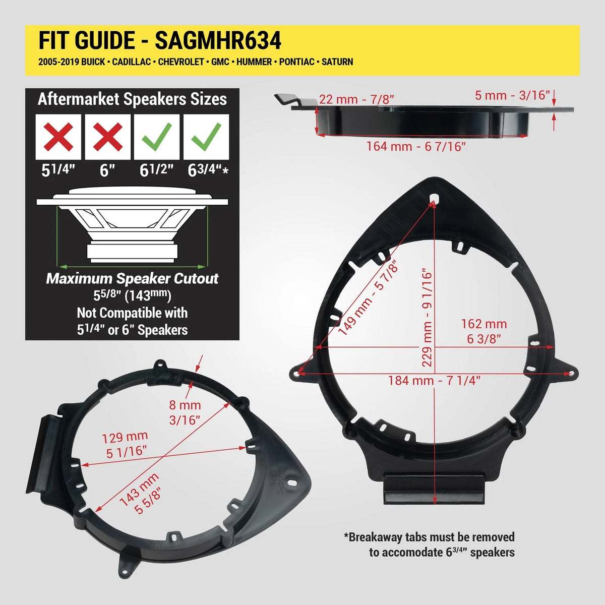 Scosche SAGMHR634 6.5”-6.75” Speaker Adapters Compatible with Select 2005-20...