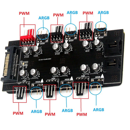 SATA 1 to 6 Way PWM /ARGB Device Expander 4Pin Cooling Fans Hub Splitter Adapter