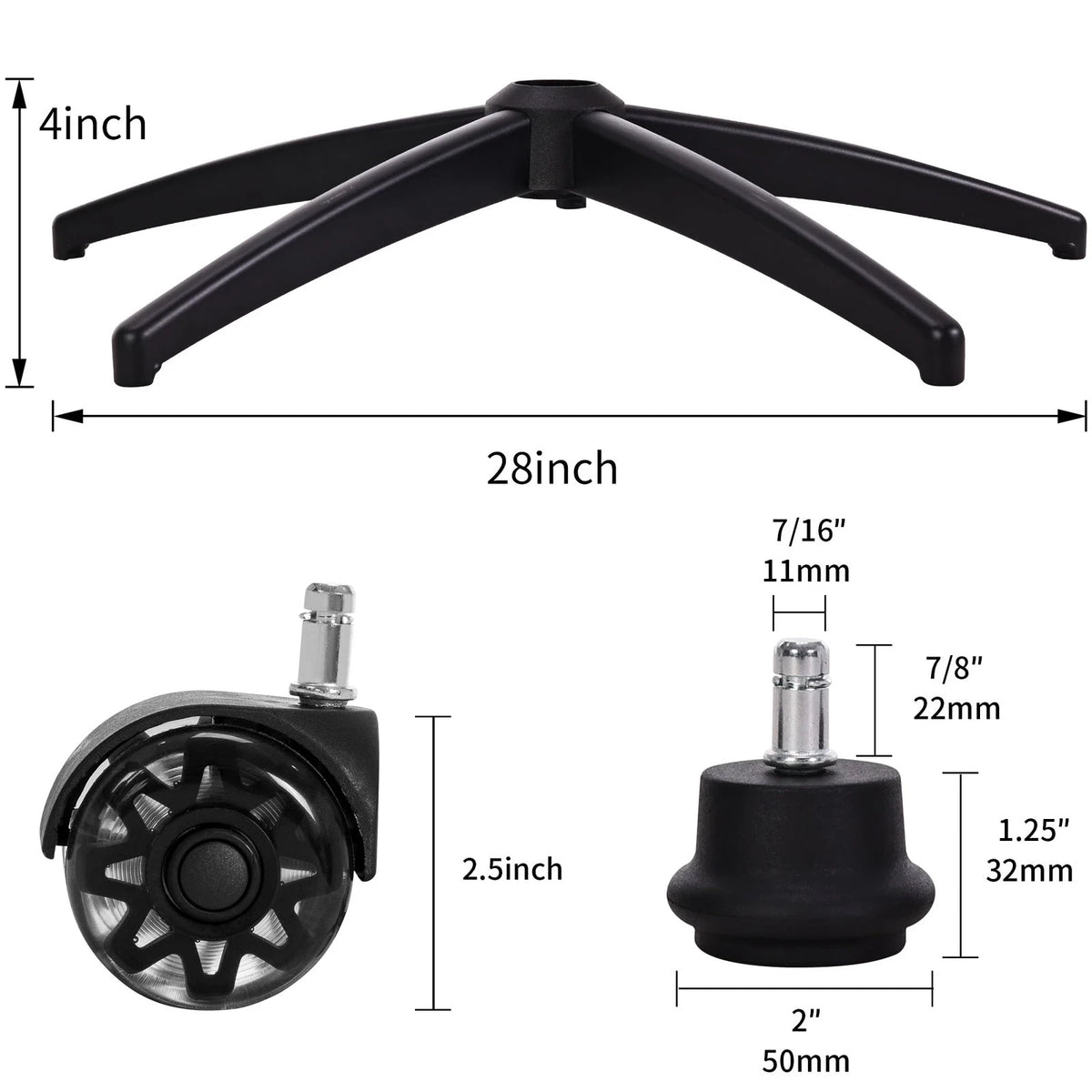 Frassie Office Gaming Chair Metal Base Replacement with 5 Wheels Bell Black