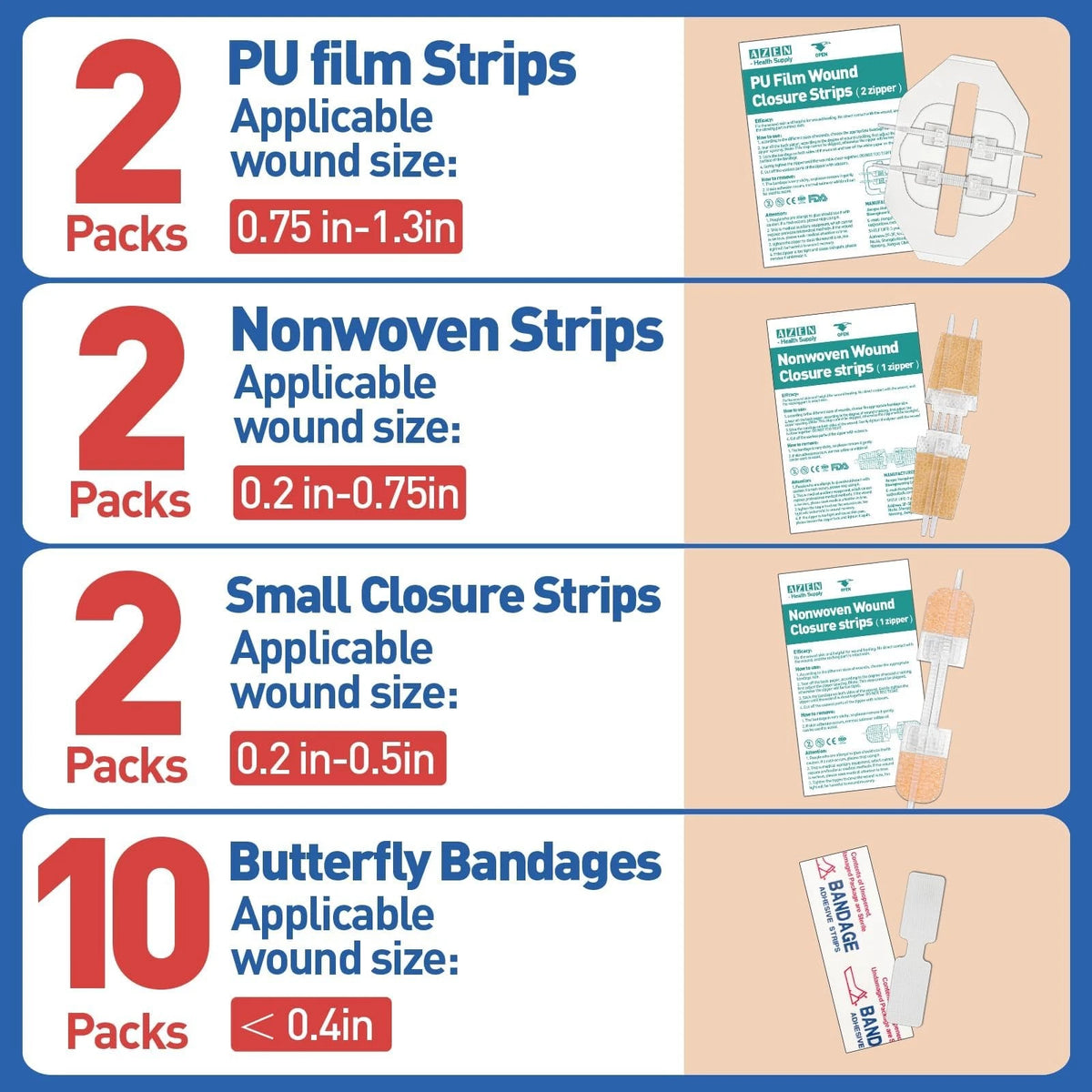 AZEN 16 Pack Wound Closure Strips, 4 Types Butterfly 16P (Mix), 4mix