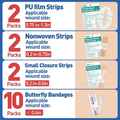 AZEN 16 Pack Wound Closure Strips, 4 Types Butterfly 16P (Mix), 4mix