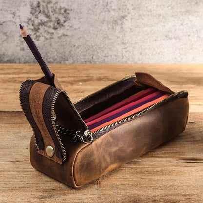 Leather Retro Style Cowhide Pen Case School Stationary Pen Pencil Pouch Bag