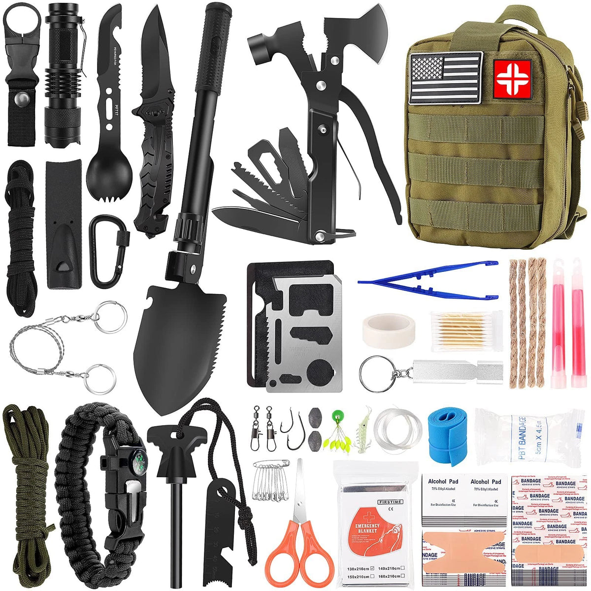 Emergency Survival Kit and First Aid Kit, 142Pcs Medium size, Green