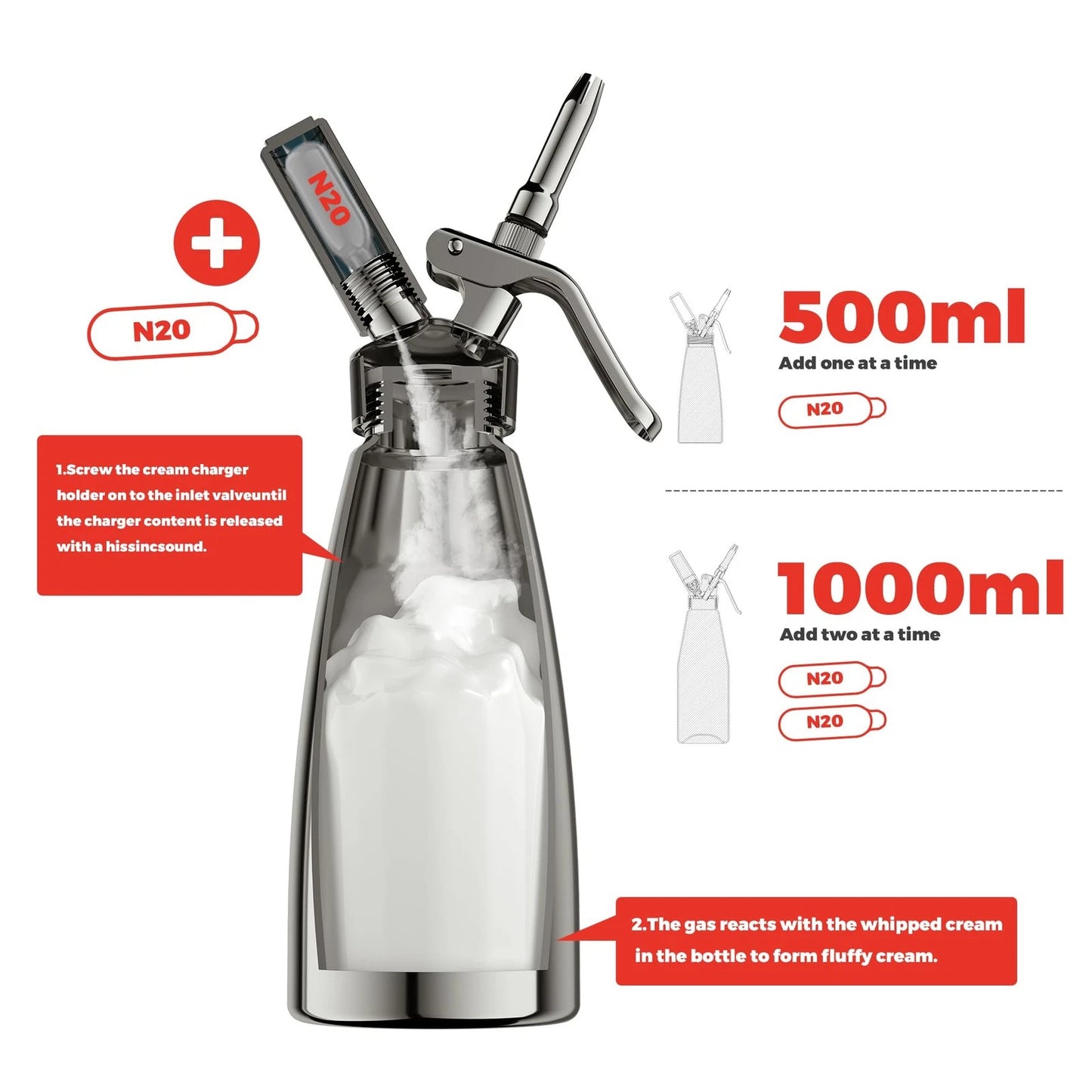 Professional Aluminum Whipped Cream Dispenser - 500 mL/1 500ml, Black