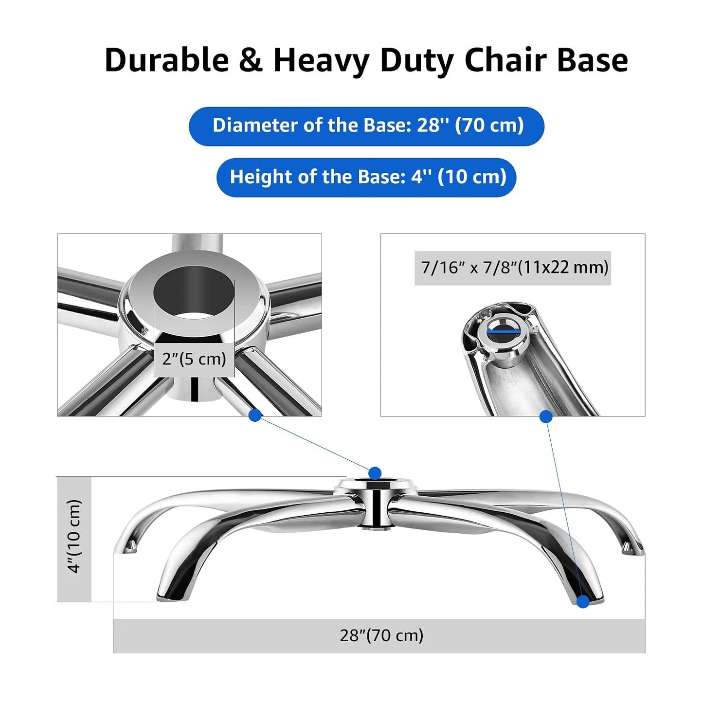 Mastery Mart Office Chair Base Replacement, 28 Inch Heavy 70 cm, Silver