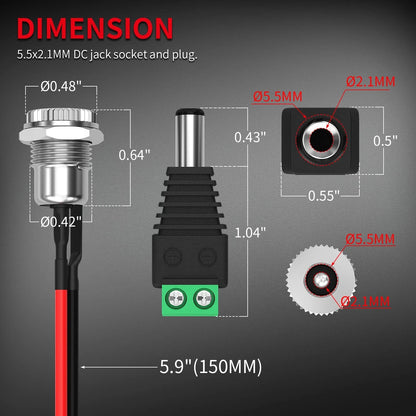DaierTek DC Jack 5.5x2.1MM Pre-Wired Female Power Panel Mount METAL