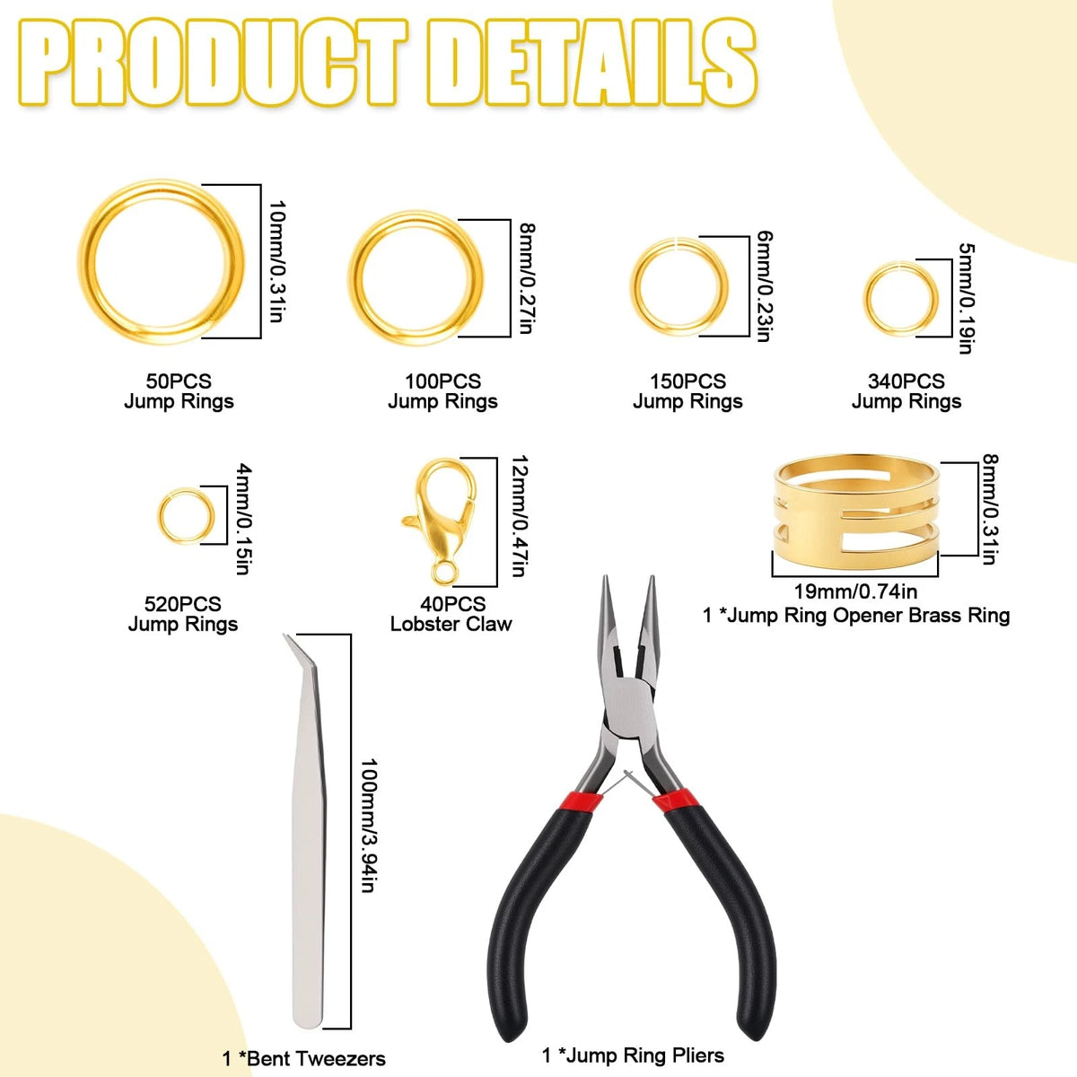 Phinus 1200P Gold Jump Rings, Jewelry Repair Kit with Ring Pliers