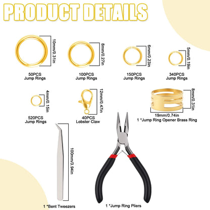 Phinus 1200P Gold Jump Rings, Jewelry Repair Kit with Ring Pliers
