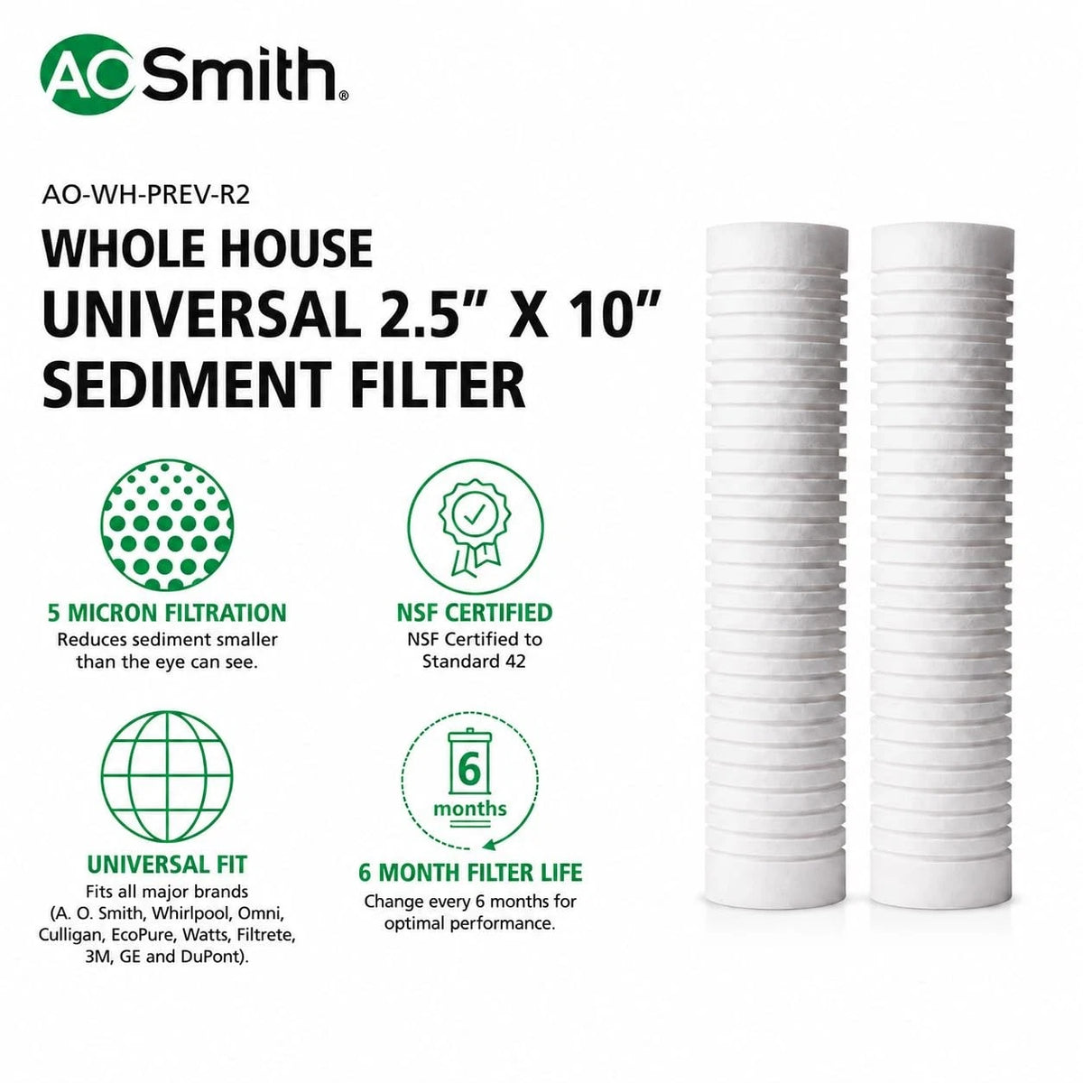 A. O. Smith 2.5"x10" 5-Micron 2 Count (Pack of 1), Sediment