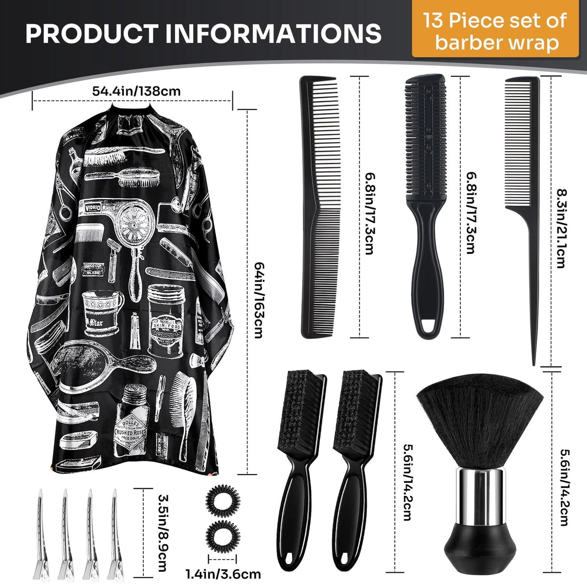 Barber Cape 13Pcs with Neck Duster Brush Adjustable, Extra 63"*55", Black