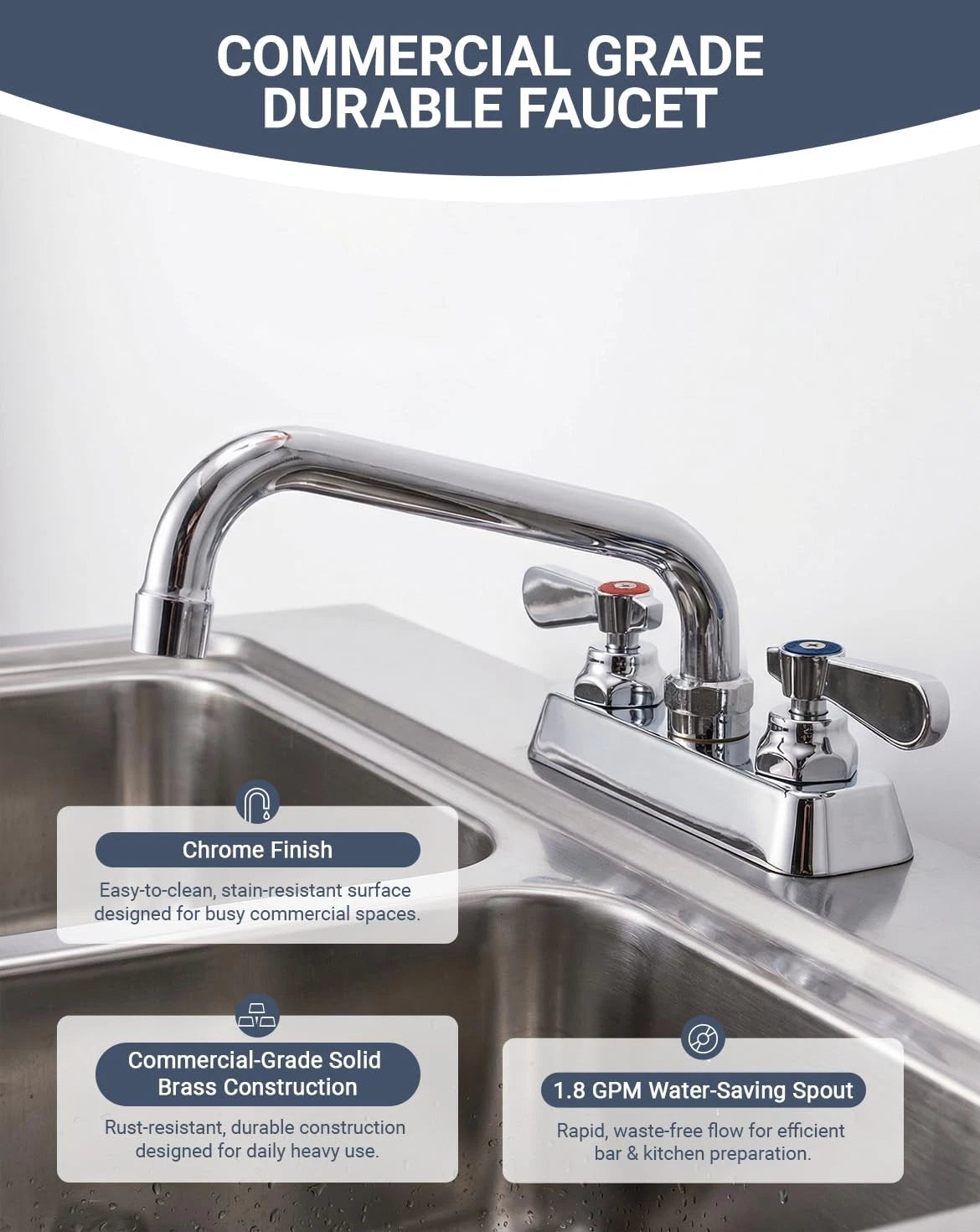 Phivan Commercial Sink Faucet 4 4" Center 10" Swivel Spout, Polished Chrome
