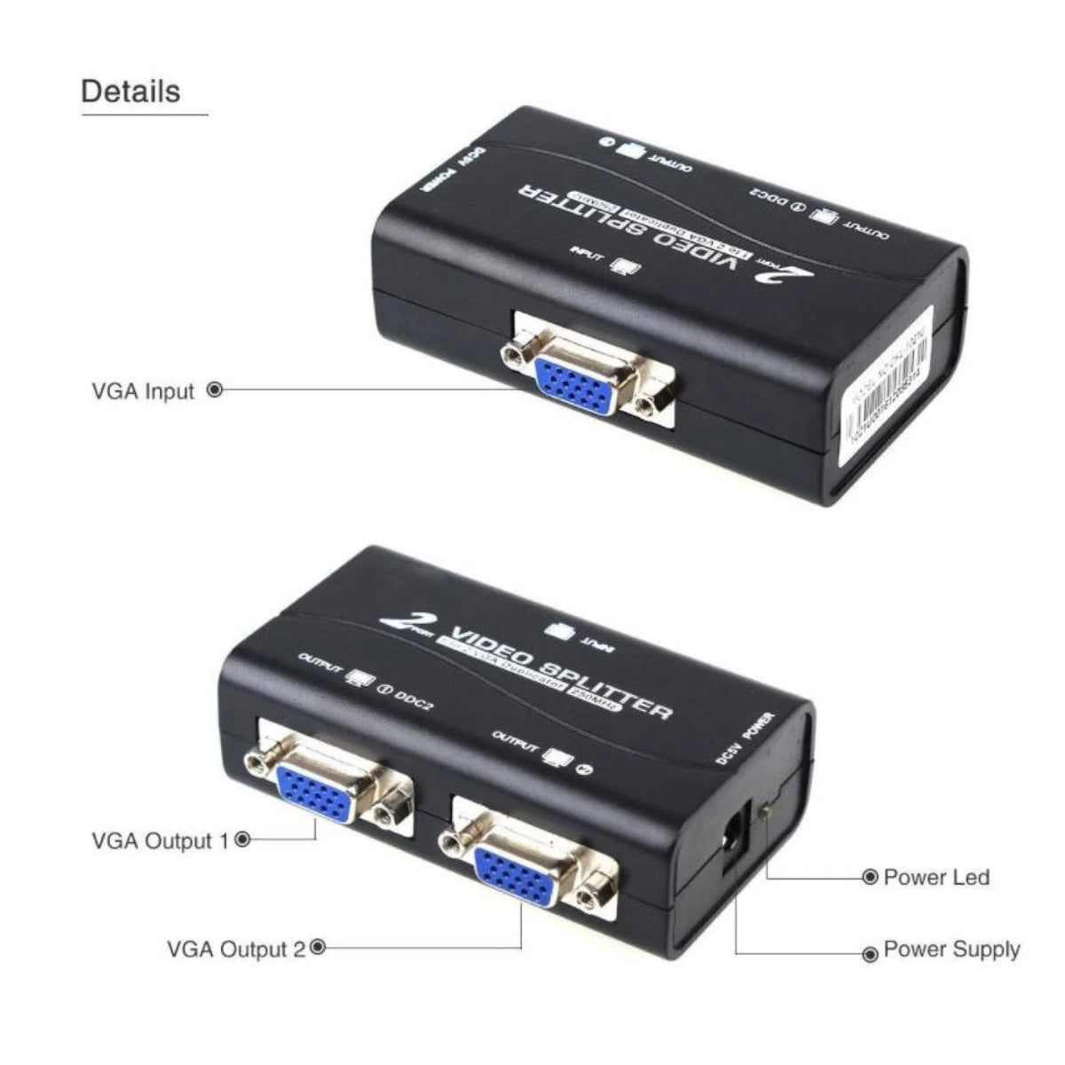 1 PC to 2 Monitor 2 Port VGA SVGA Video LCD Splitter Box Adapter w/ Power Cable