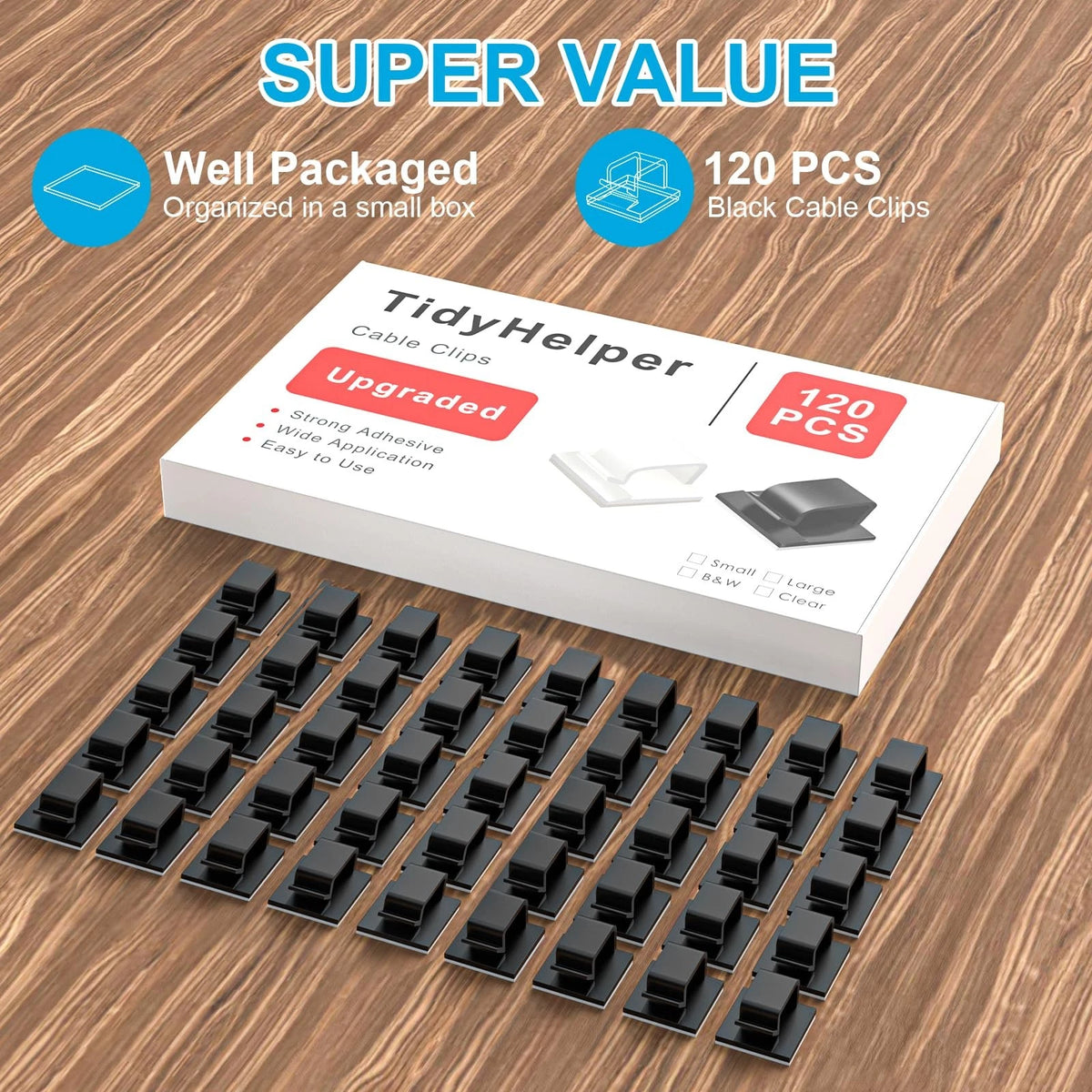 120 PCS Cable Clips, Adhesive Cord Clips for Wires on Wall, Small_120p, Black