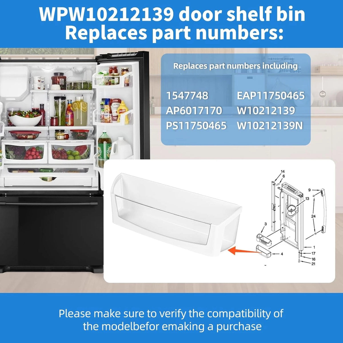 WPW10212139 Refrigerator Door Shelf Bin Compatible with Maytag Whirlpool...