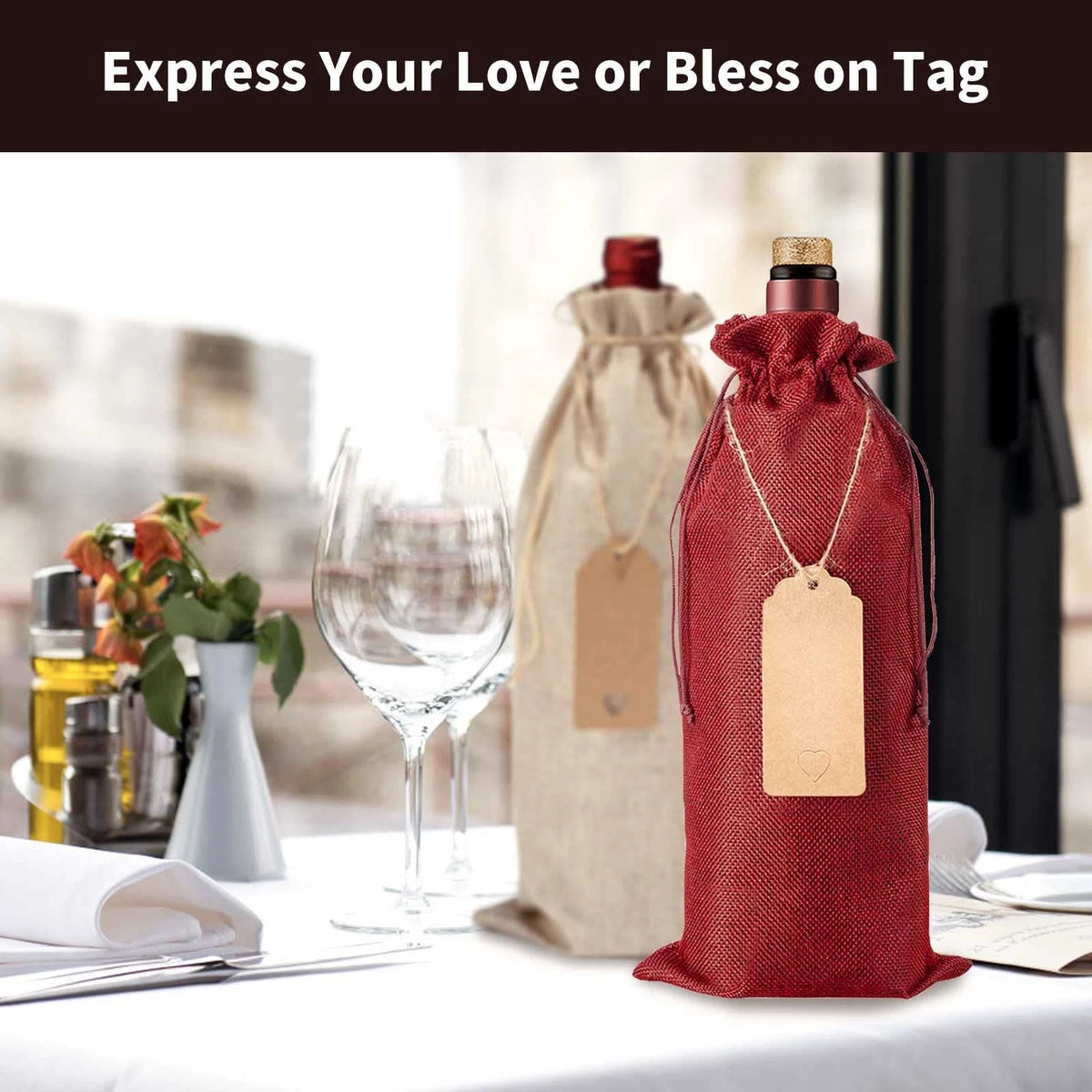 12 Pcs Burlap Wine Bags & Gift Tags, 12 Count (Pack of 1), Burlap/Red