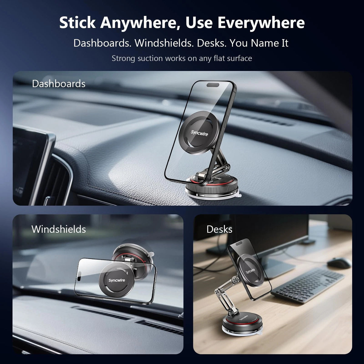 SYNCWIRE for MagSafe Car Mount [3-Axis] Nano Adhesive Gel + Strong black