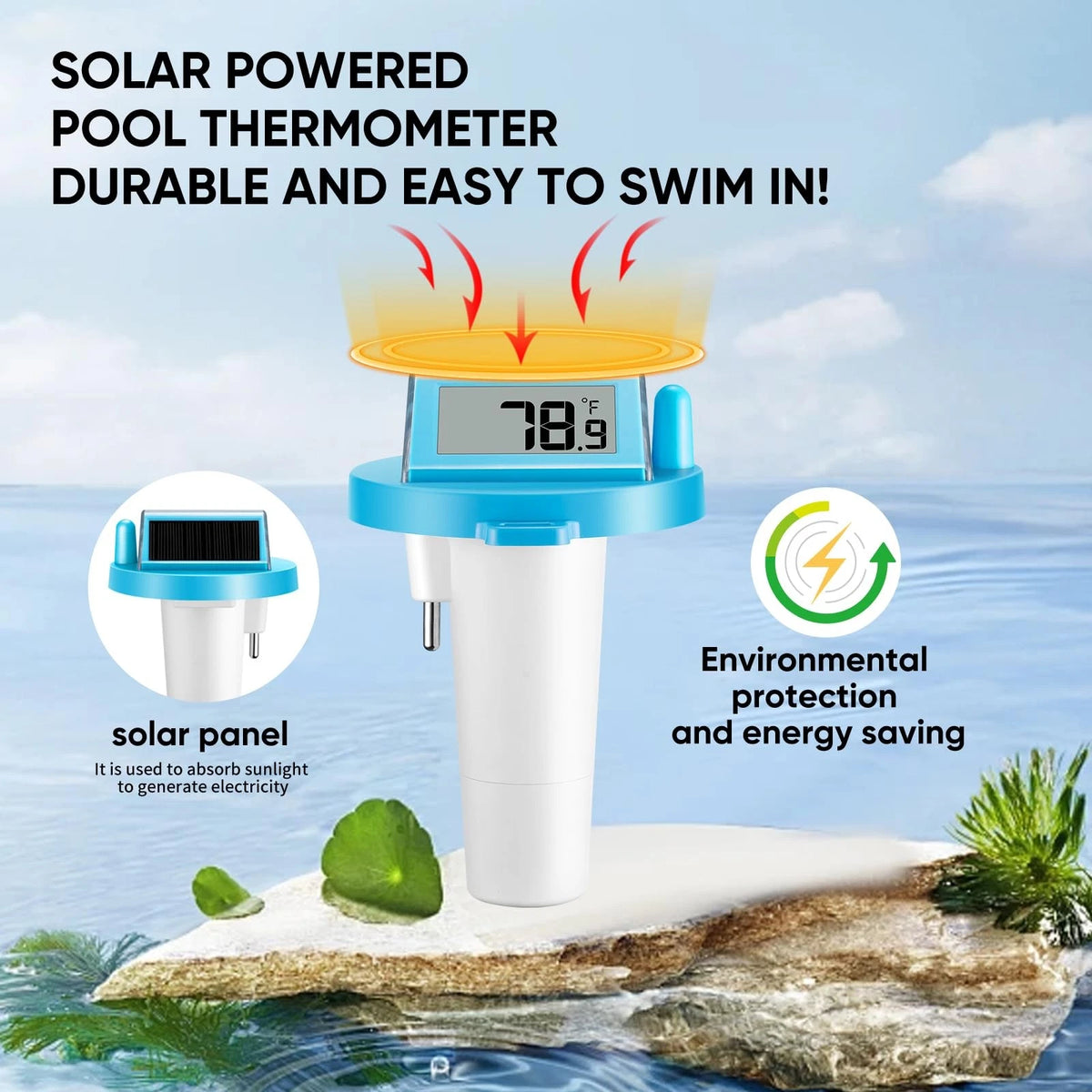 Solar Pool Thermometer Floating Easy Read - IPX8 Waterproof Digital Blue