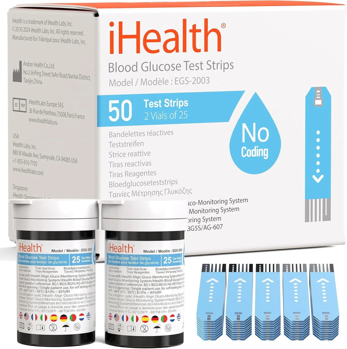 iHealth Blood Glucose Test Strips (50 Count), No Coding Multicolor
