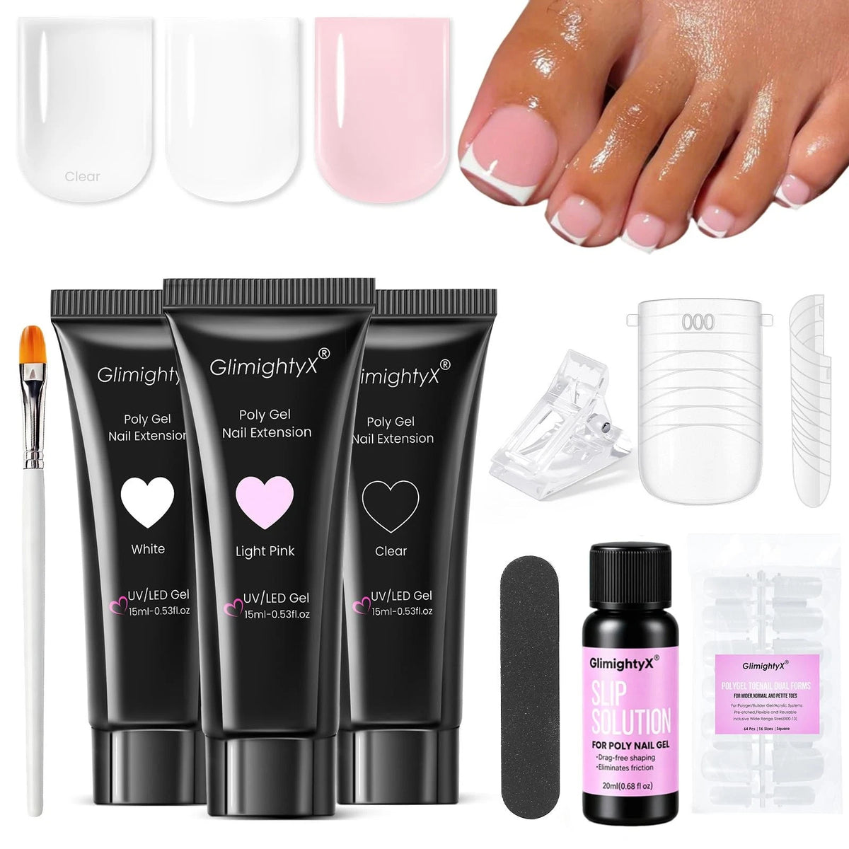 GlimightyX Polygel Toenail Kit, Medium, 01-3 Colors Basic Kit