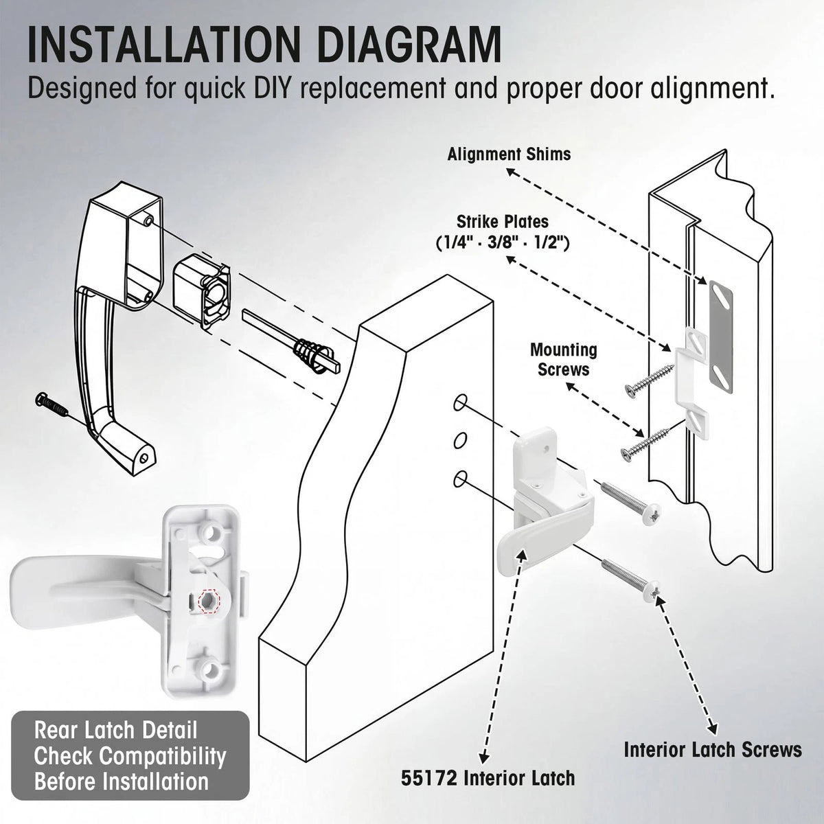 Storm & Screen Door Latch Replacement Kit with Strike Plate,White White