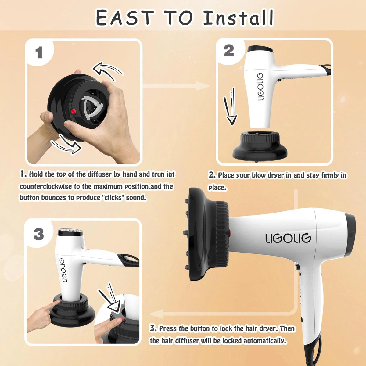 LIGOLIG Hair Difuser Attachment Universal Diffuser Dryer for Black