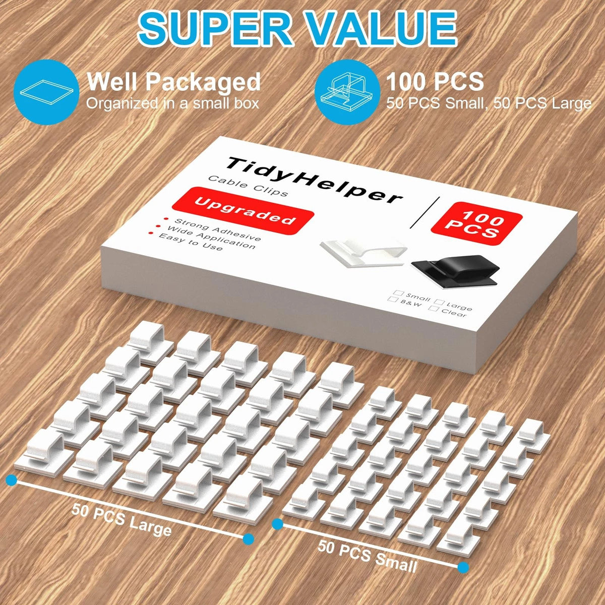 100 PCS Adhesive Cable Clips White (Small & Large), Small&Large,