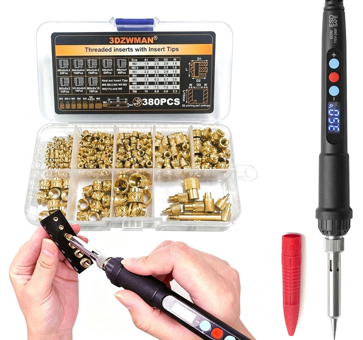 3DZWMAN Heat Set Insert Tools kit Brass Nuts 3D Printing 60W ZW380, Zw380