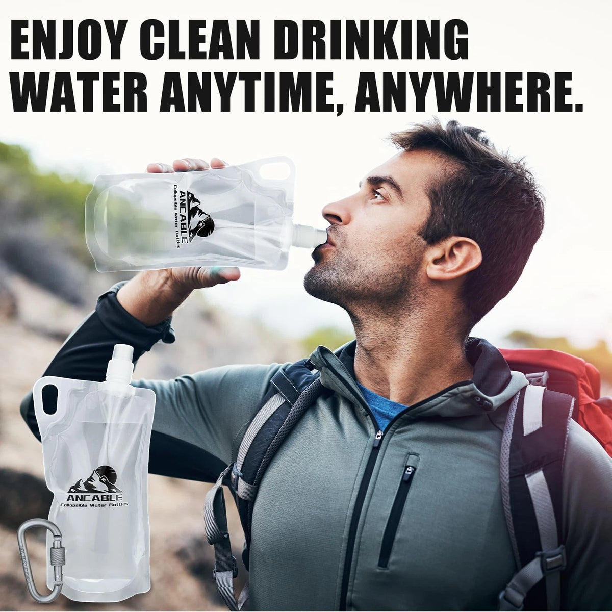 Ancable 33oz (1L) Collapsible Water Bottles, 3-Pack 33 Ounces, Clear x 3