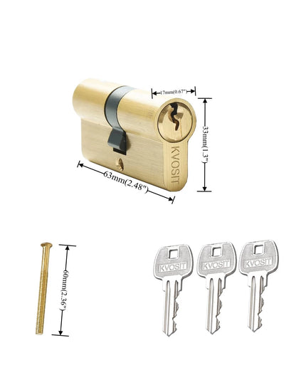 Brass Lock Cylinder with 3 Keys 63mm Double 63MM-Double Open, Brushed