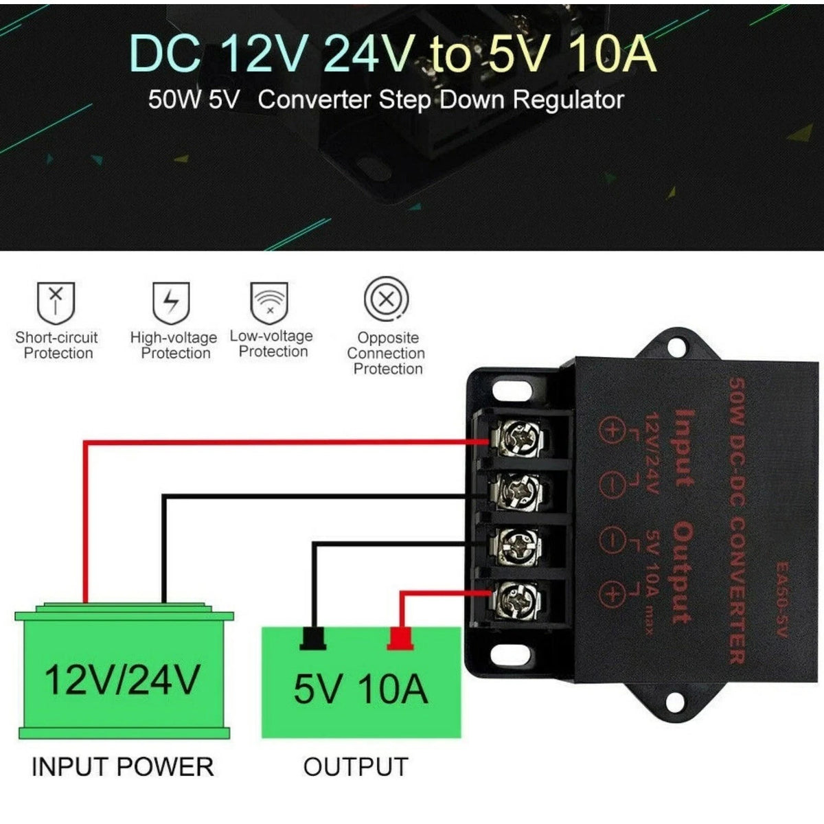 Industrial Voltage Reducer 12V/24V to 5V 10A Waterproof Potting Overheat Proof