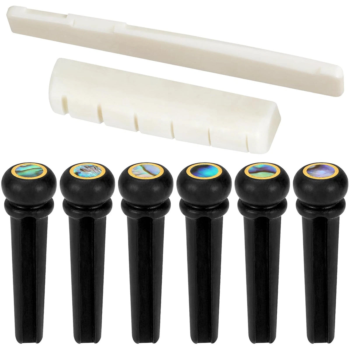Blisstime 6 String Acoustic Guitar Bone Bridge Saddle and Nut 2, Ivory+Black