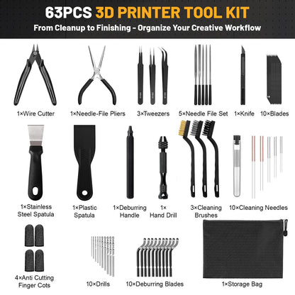 63 Pcs 3D Printer Tools, Printing & Cleaning Tool Kit 63 Set