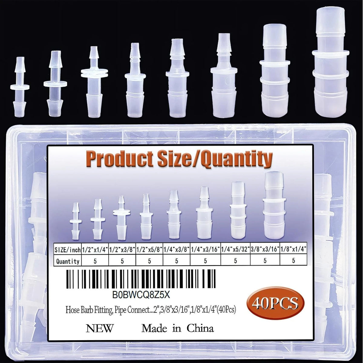 40Pcs Hose Barb Fitting, Reducer, Pipe 1/2 inches, White Transparent