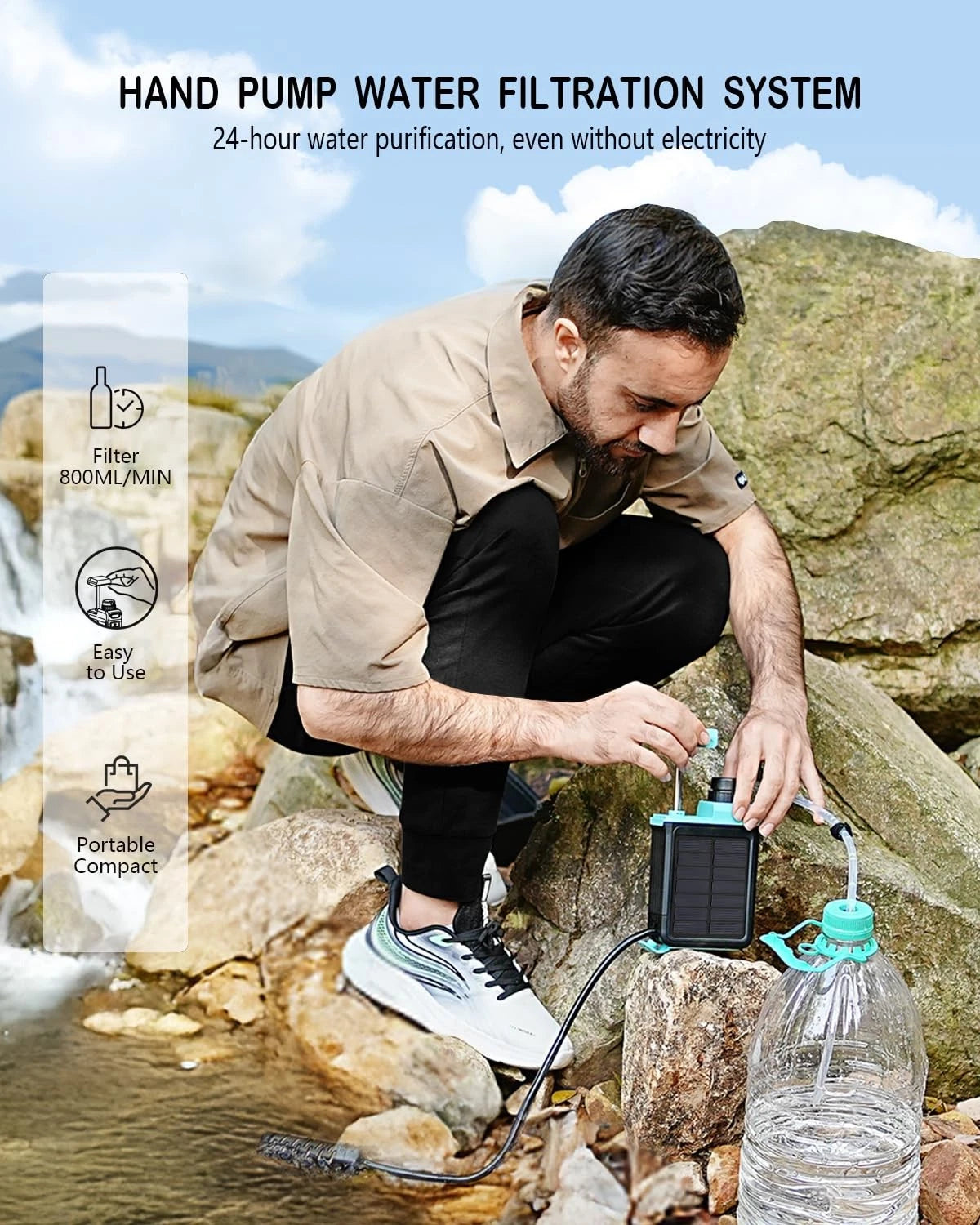 BKLES 3-in-1 Solar Electric Water Filter with Hand Pump - Camping Blue