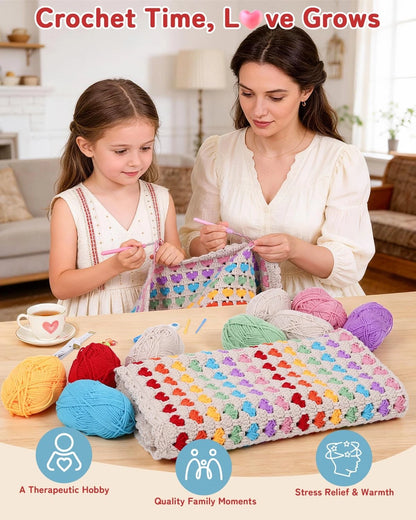 Arborthread Blanket Crochet Kit for Beginners, Heart Rainbow