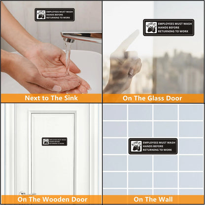 (4 Pack) Employees Must Wash Hands Sign, 7" x 2", 4 Pack (Black)