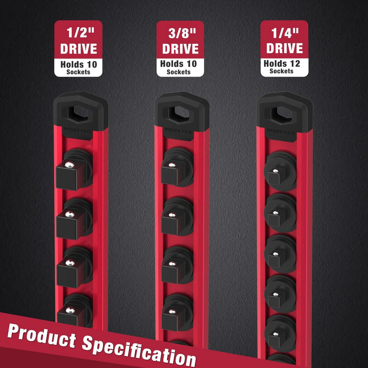 WORKPRO Magnetic Socket Organizer, 3/8-Inch Drive Aluminum Alloy 3/8" DR, Red