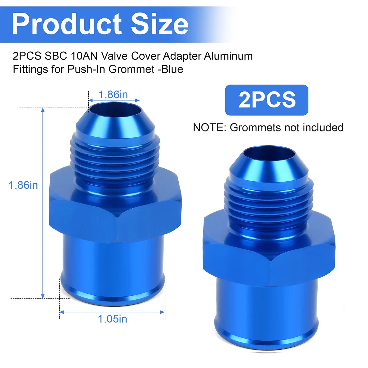 2-Pack SBC 10AN Valve Cover Adapter Aluminum Fittings for Push-In Grommet Blue