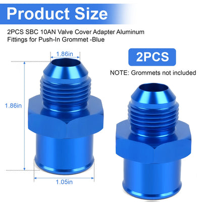 2-Pack SBC 10AN Valve Cover Adapter Aluminum Fittings for Push-In Grommet Blue