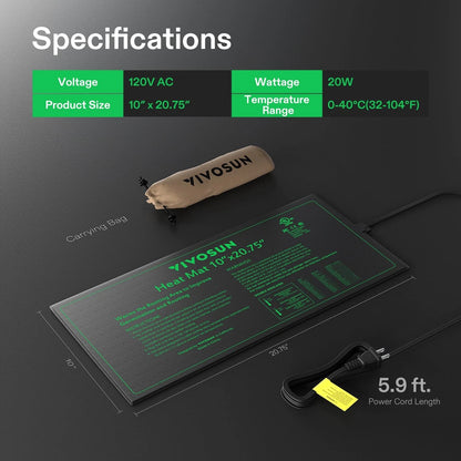 VIVOSUN Durable Waterproof Seedling Heat Mat 10" x 20.75" 10"x20.75", Black