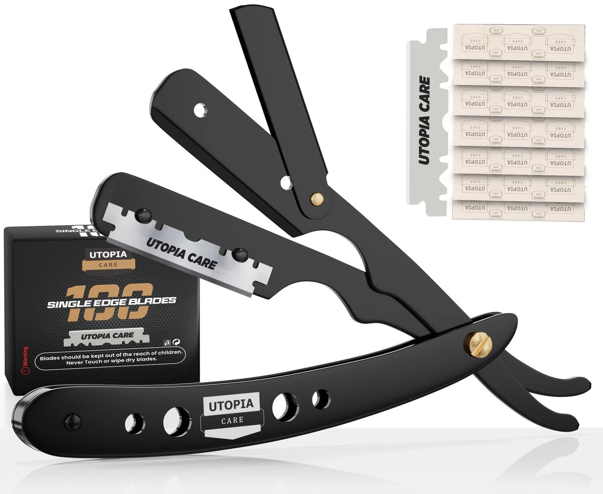 Utopia Care Professional Straight Razor for Men, Barber 101 Piece Set, Black