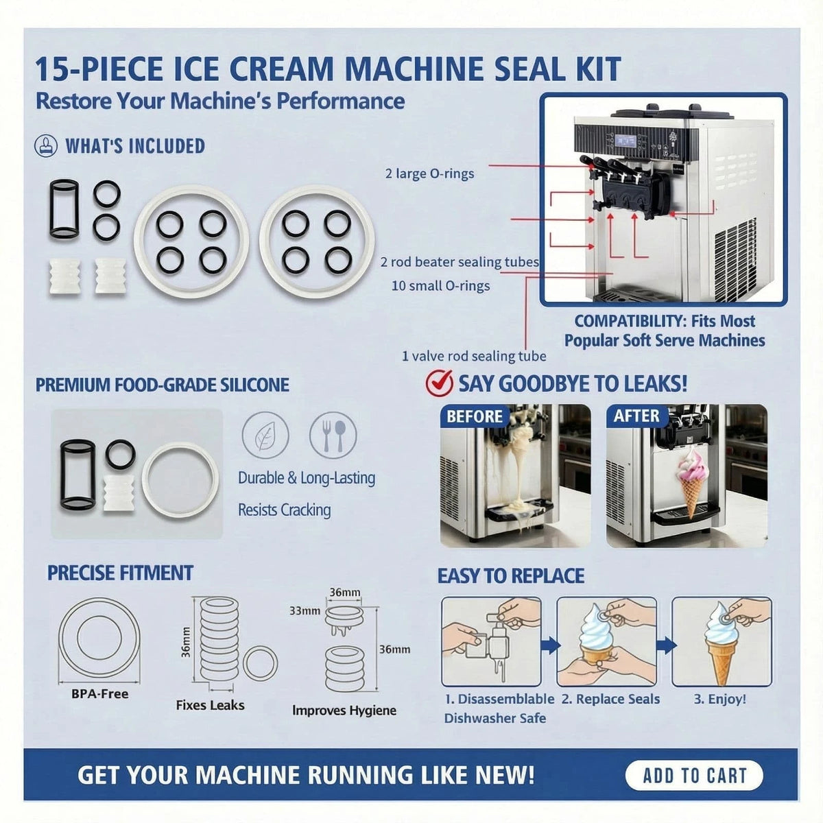 FixoTech Soft Serve Ice Cream Machine Parts, Standard, White and Black