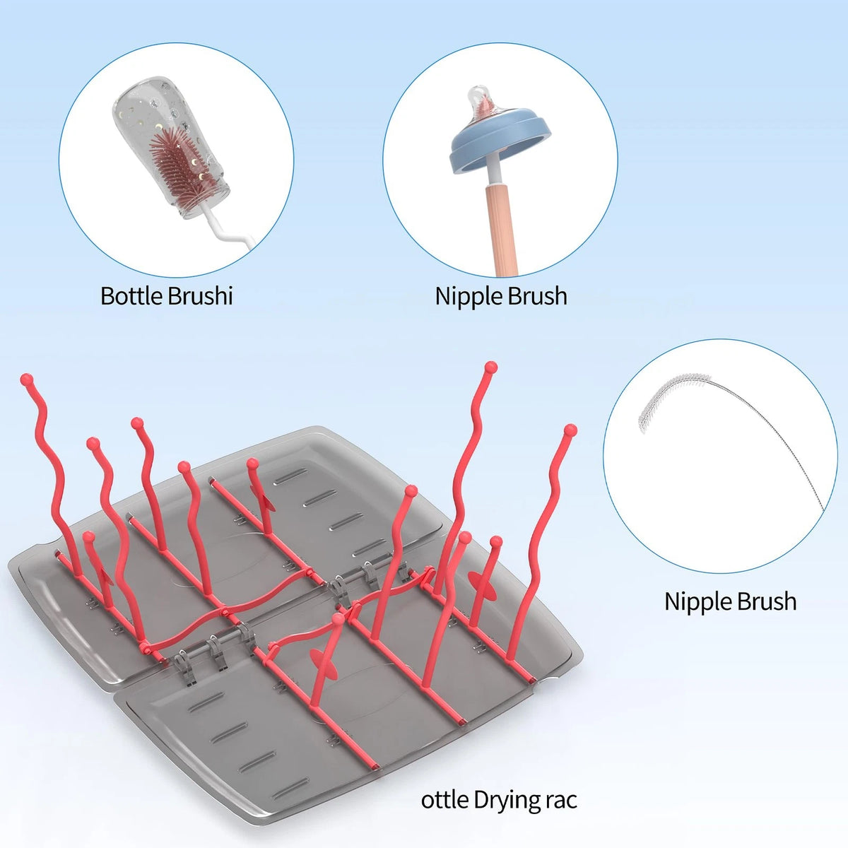 Travel Baby Bottle Drying Rack with Brush,Nipple Brush,Straw Pink