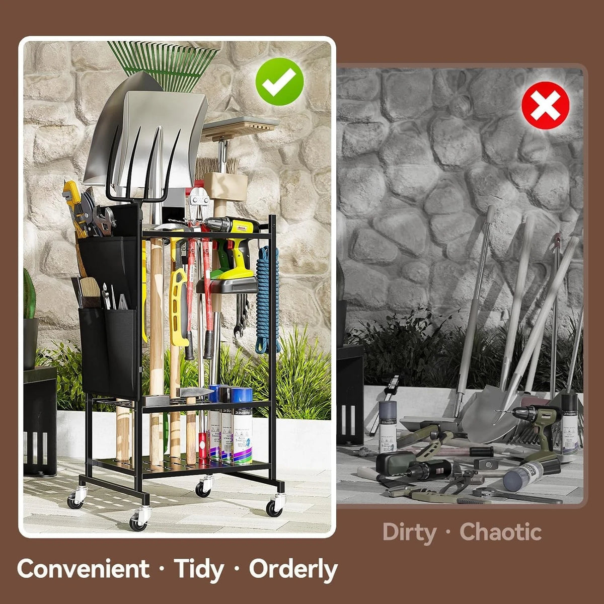 MWQ Garden Tool Organizer with Wheels, Rolling Yard Tower Wheeled, Black
