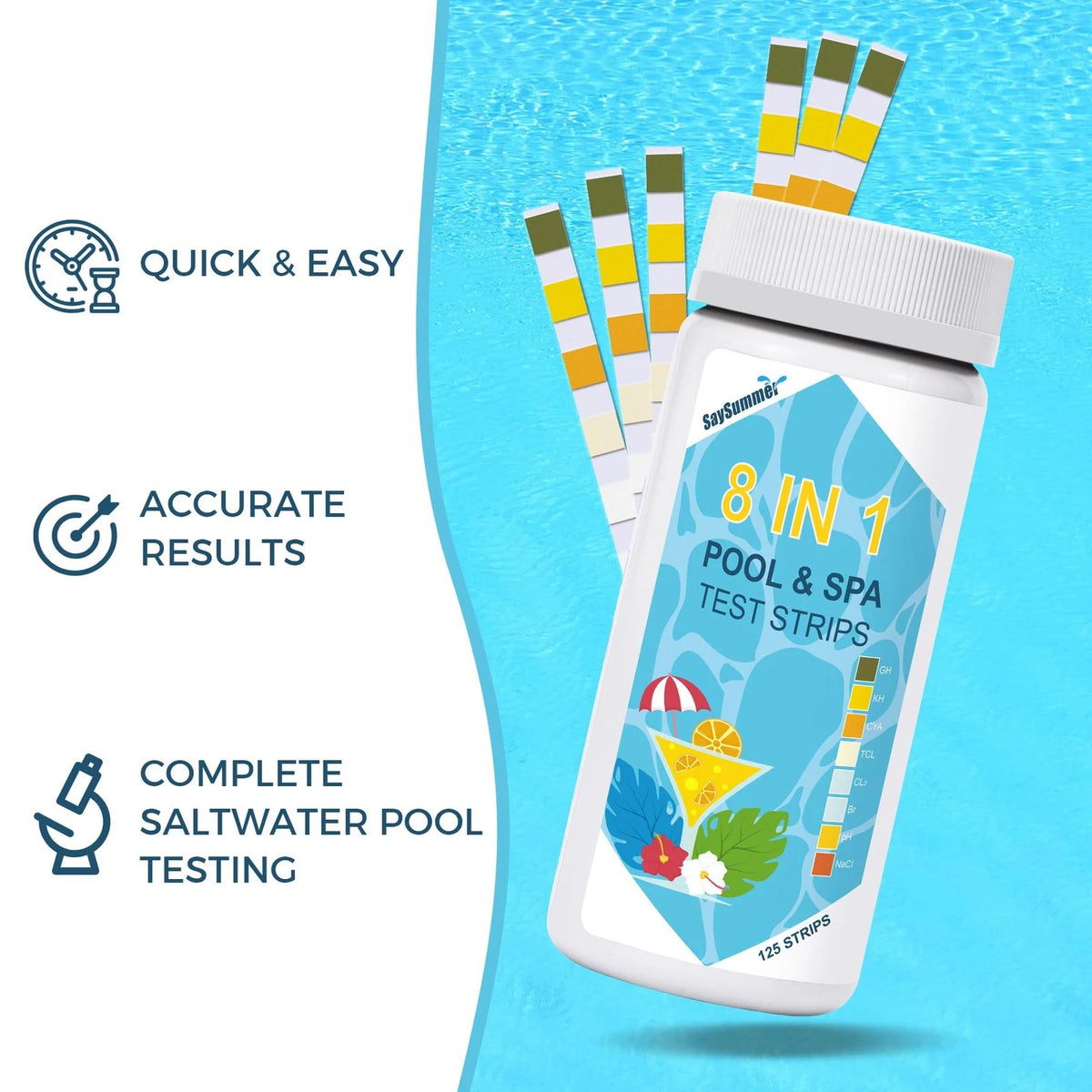 Salt-Water Pool Test Strips Kit: 125 Counts 8-in-1 for Salt Water 125
