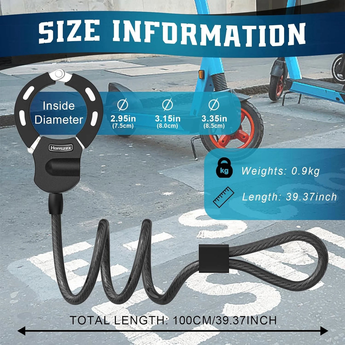 Electric Scooter Lock, Anti-Theft Cable Lock with Key, 39.37inch