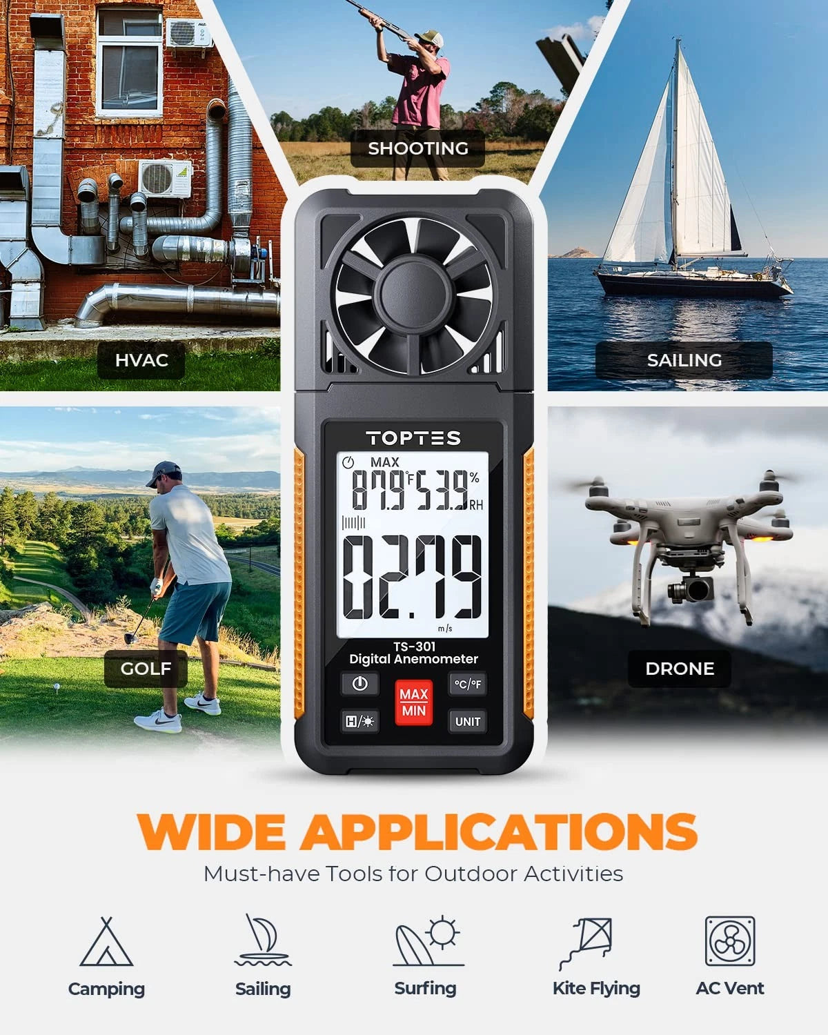 TopTes TS-301 Digital Anemometer, Wind Speed Meter with 2.26-inch Big Orange