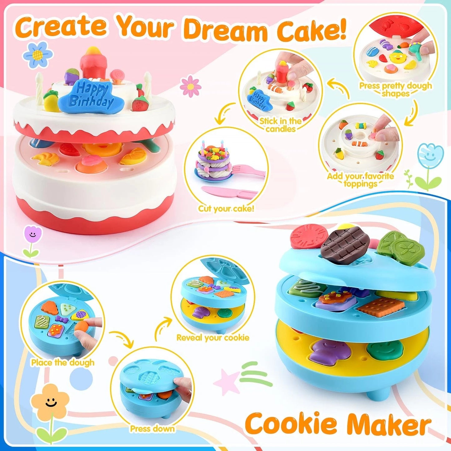 5-in-1 Color Dough Sets for Kids Ages 3+ DIY Food Maker Toys Set with 24 Pink