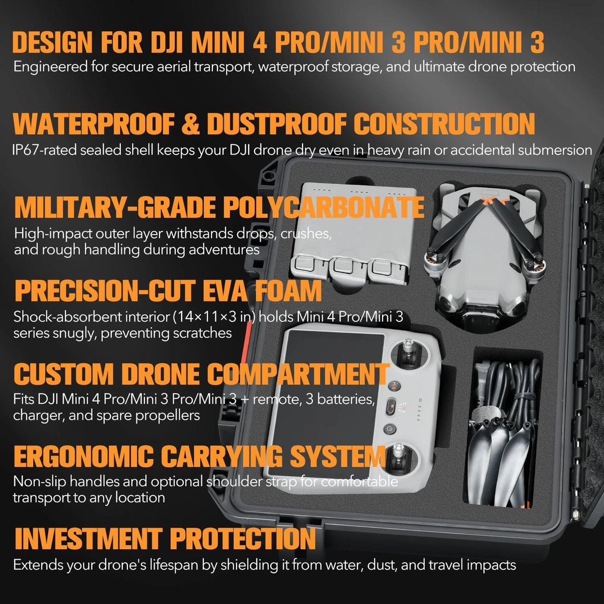 Hard Case for DJI Mini 4 Pro: Waterproof Shell with Foam Black